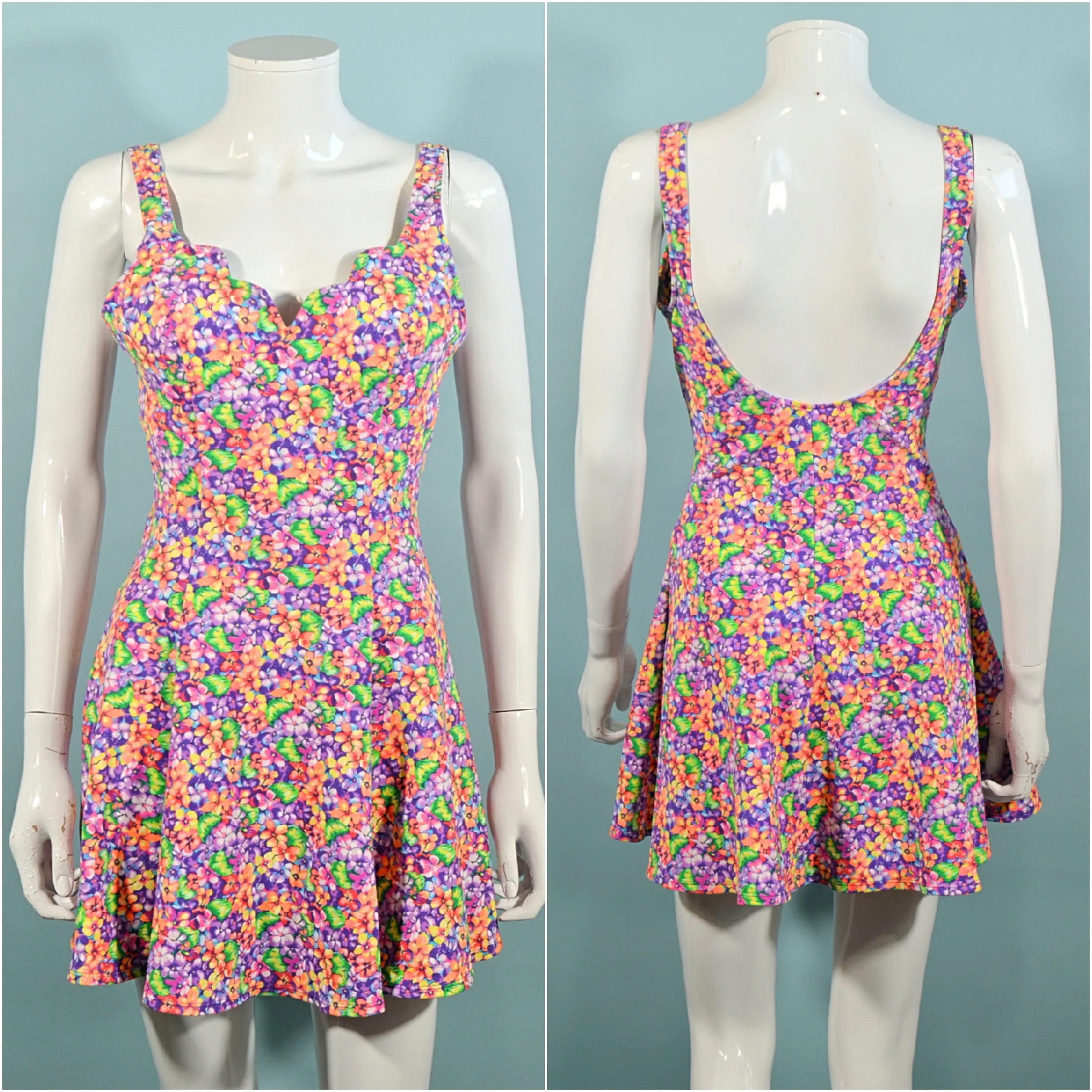 SOLD Sassafras 90s Y2K Neon Floral Print Mini Dress, M