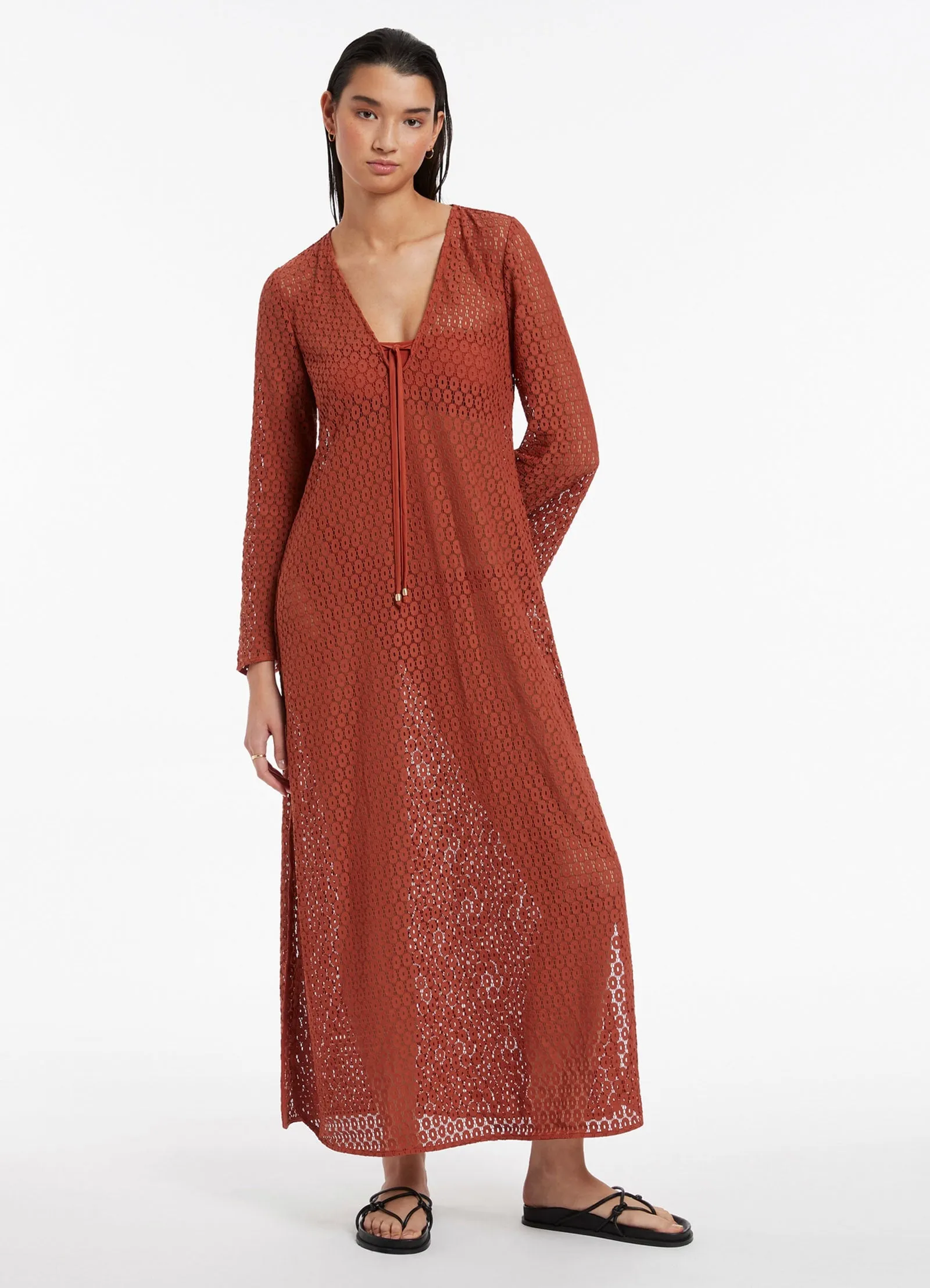 Stretch Lace Maxi Kaftan - Russet