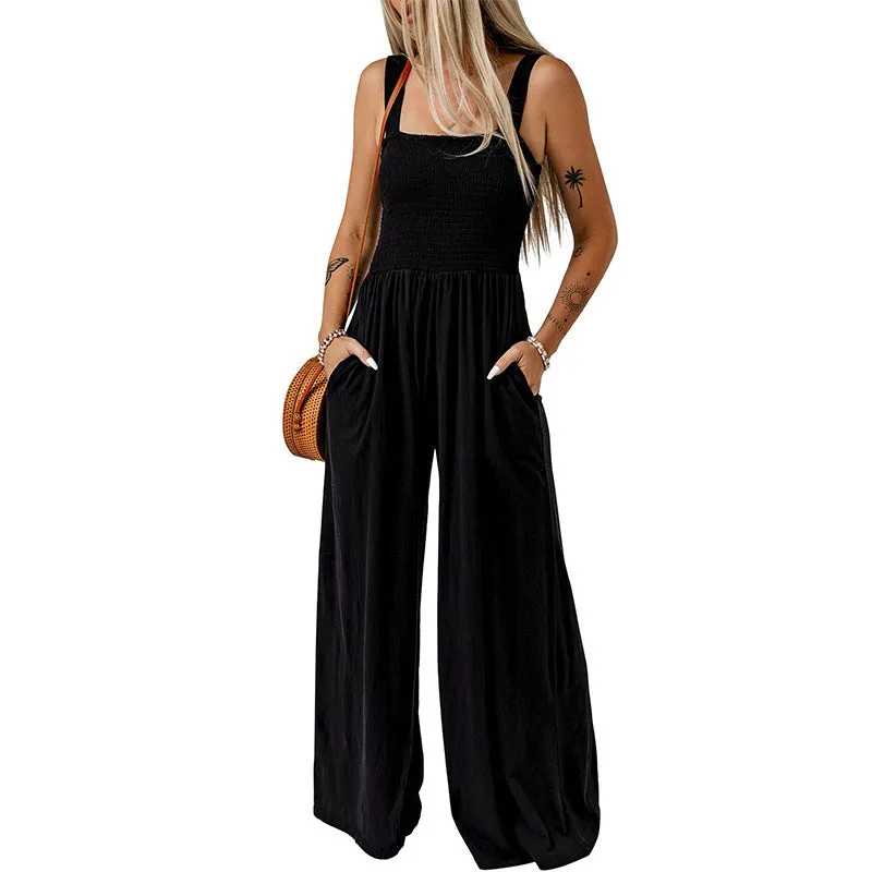 Summer Square Neck High Waist Jumpsuit  Backless Pleated Design Wide Leg Trousers