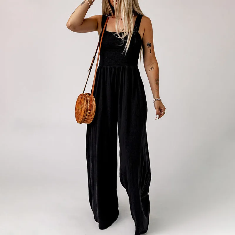 Summer Square Neck High Waist Jumpsuit  Backless Pleated Design Wide Leg Trousers