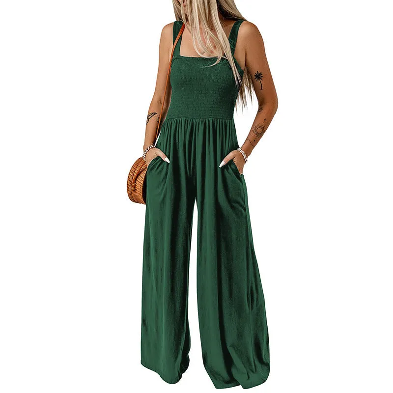 Summer Square Neck High Waist Jumpsuit  Backless Pleated Design Wide Leg Trousers