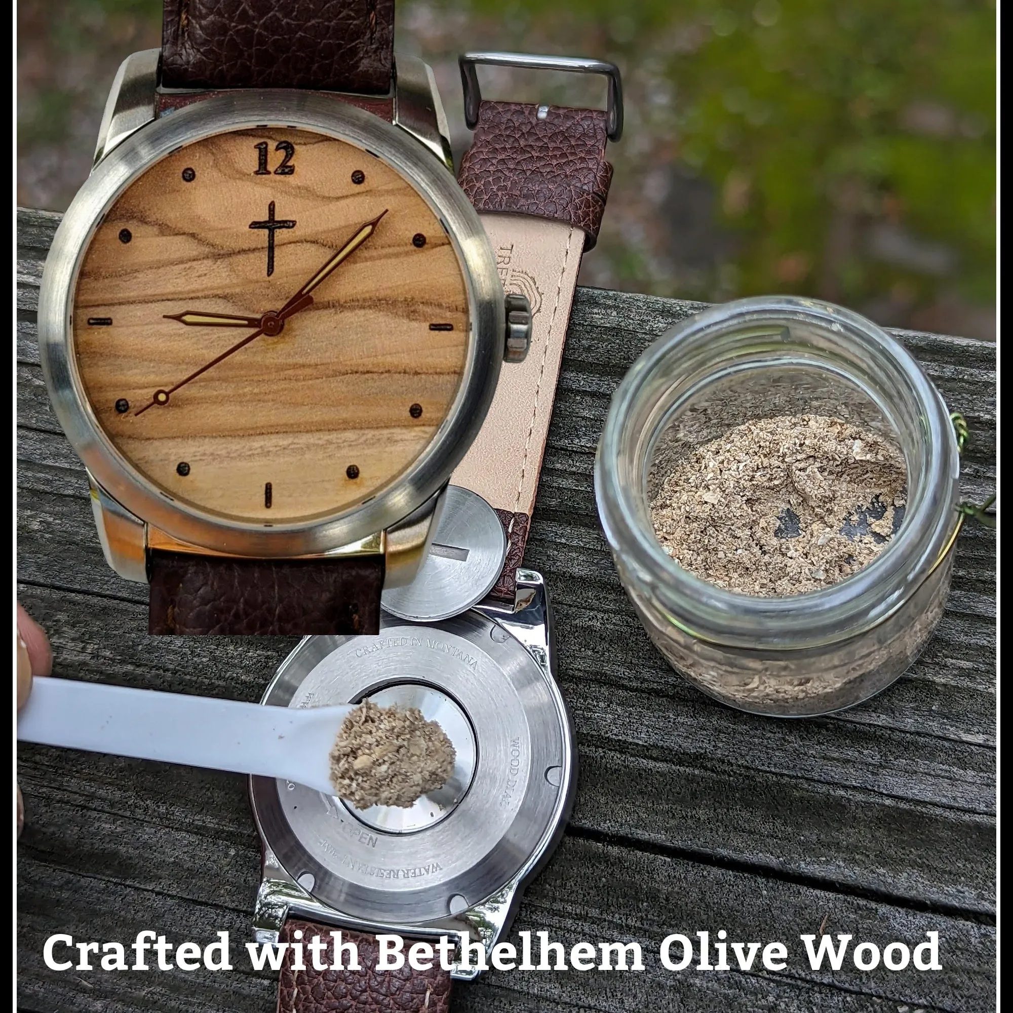 Watch with Urn for Cremation Ashes Made with Bethlehem Olivewood.  Personalized Memorial Engraving.  Custom Handmade Bereavement Gift.