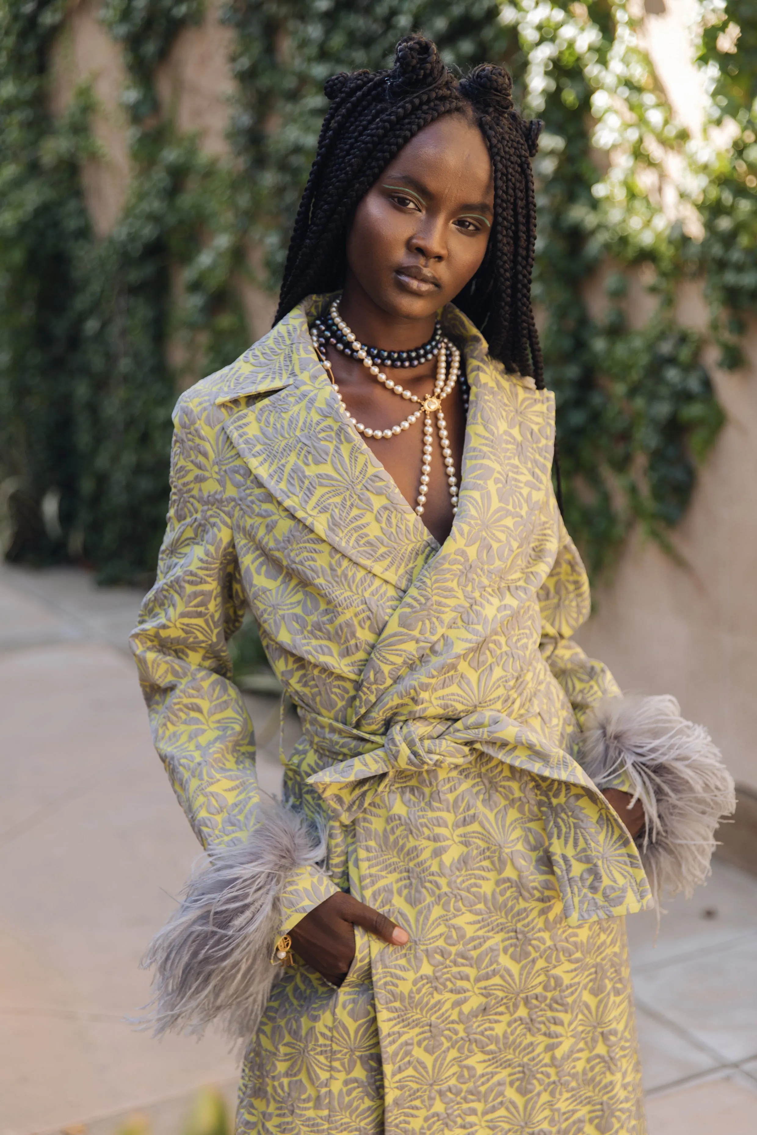 Yellow Jacqueline Coat №22 With Detachable Feathers Cuffs