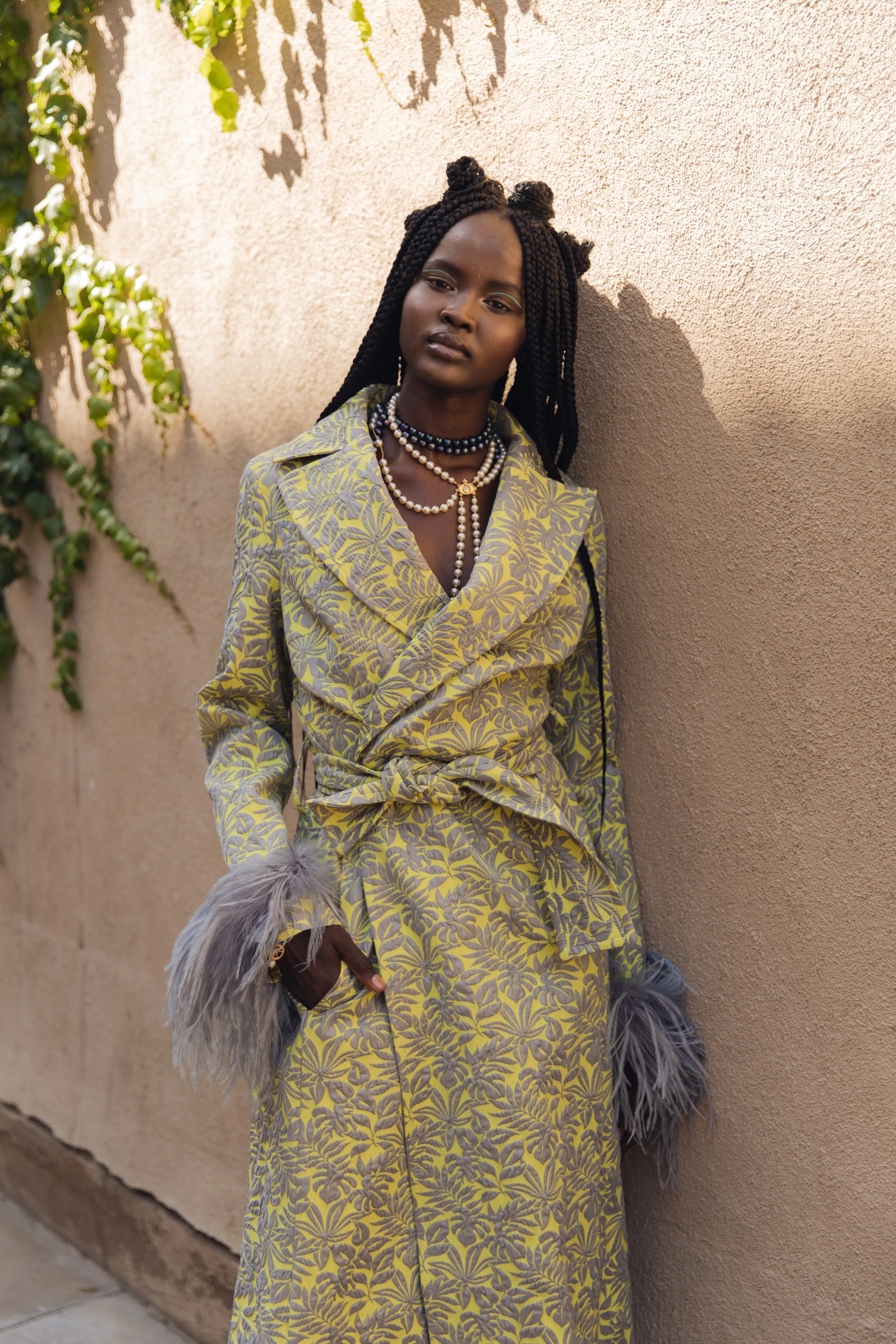 Yellow Jacqueline Coat №22 With Detachable Feathers Cuffs